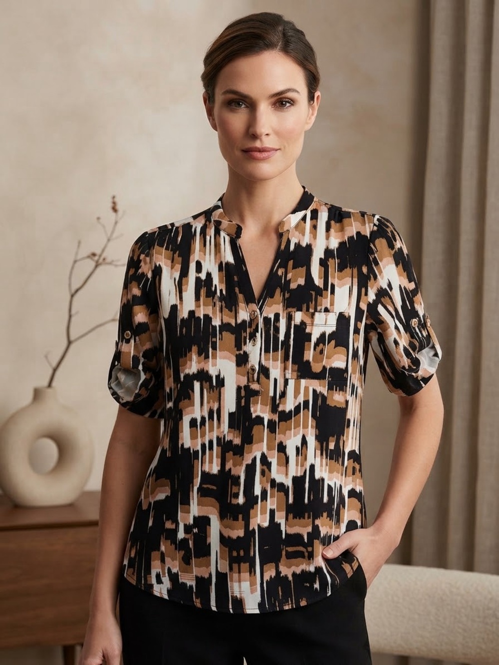 Take 50% OFF-Ivy Ridge Womens Abstract Print Button-Front Top Black&Brown,Sz-M
